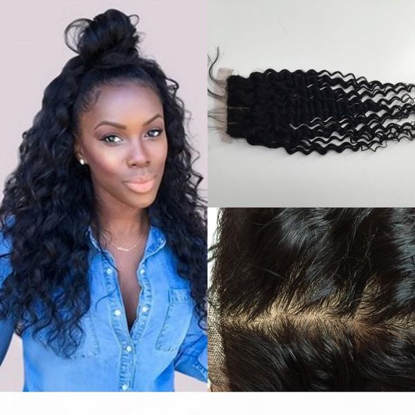 

silk base closure,peruvian hair deep wave 8-20 inch part middle part wet and wavy closure unprocessed, Black
