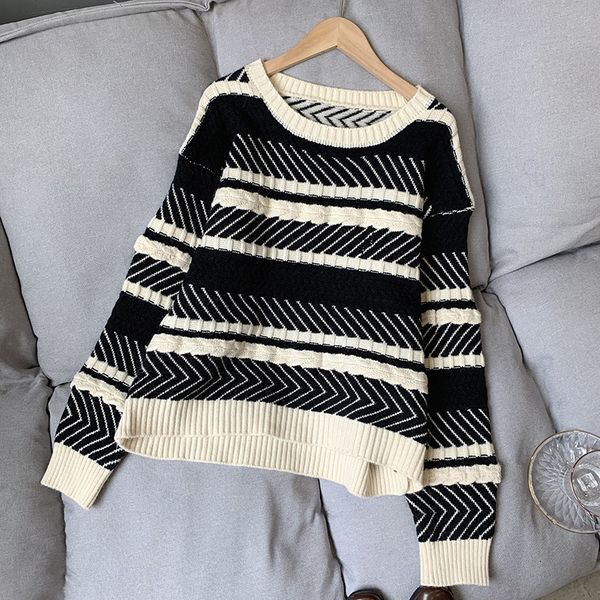 

2021 new autumn o-neck striped long sleeve sweater winter casual women pullovers pull femme o8ia, White