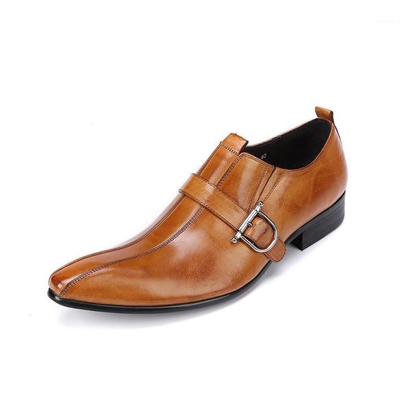 

classic pointed toe block low heel mens business formal shoes slip on loafers buckle genuine leather dress shoes prom oxfords1, Black