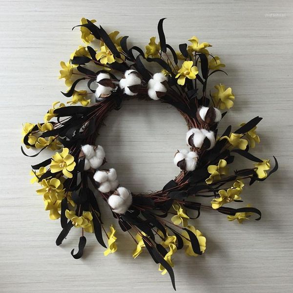 

18 inch artificial pe wild chrysanthemum natural cotton boll twig base wreath home decoration door wreath1