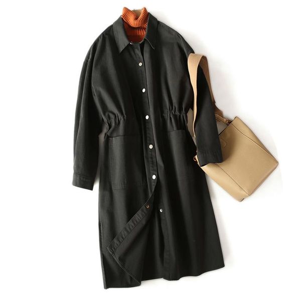 

style coats japan cotton womens turn-down collar adjustable waist single breasted wide-waisted long trench coat, Tan;black