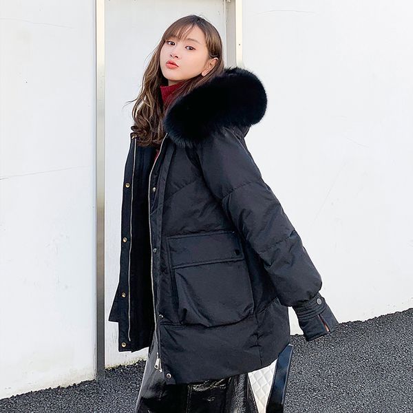 

2021 New Female Large Fur Collar with Hood 90% White Down Warm Thick Coat Released Snow Outwear KRQ6, Black