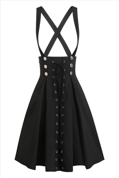 

plus size 3xl black casual skirt gothic streetwear women lace up button a line skirt double breasted mini solid skirts