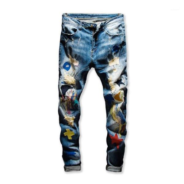 

2020 new men's colored patchwork ripped jeans trendy fashion patch design embroidery stretch denim pants slim straight trousers1, Blue