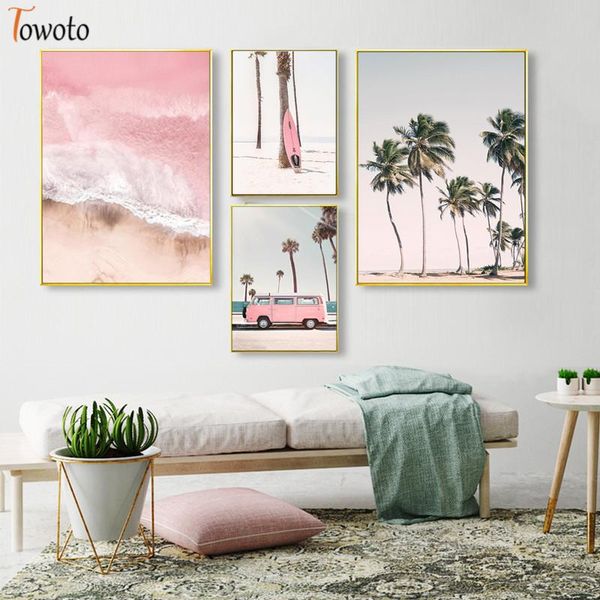 

aerial pink ocean view canvas painting modern tropical beach poster palm tree print coastal wall art nordic decoration pictures