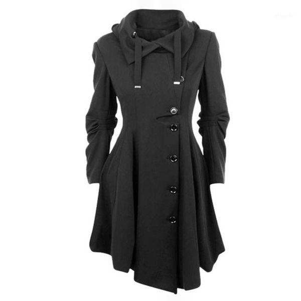 

autumn winter women long jacket coat slim plus size button female black wool blend coats vintage aysmmetrical hooded overcoat1