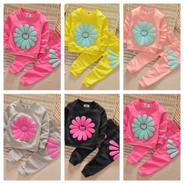 

ins kids daisy spring outfit cute sunflower hoodie tshirt pullover and track pants two piece tracksuit sportswear casual suit g12804, White