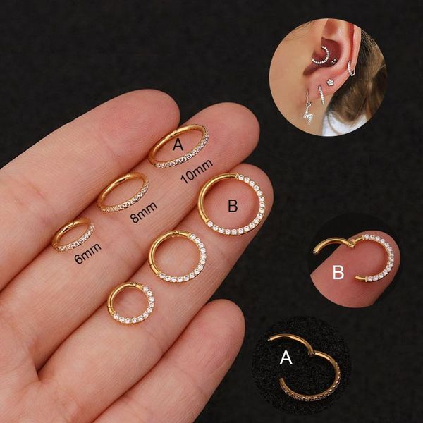 

1pc 316l stainless steel cz cartilage hoop earring hinged segment clicker ring nose septum jewelry helix daith piercing earrings, Golden;silver