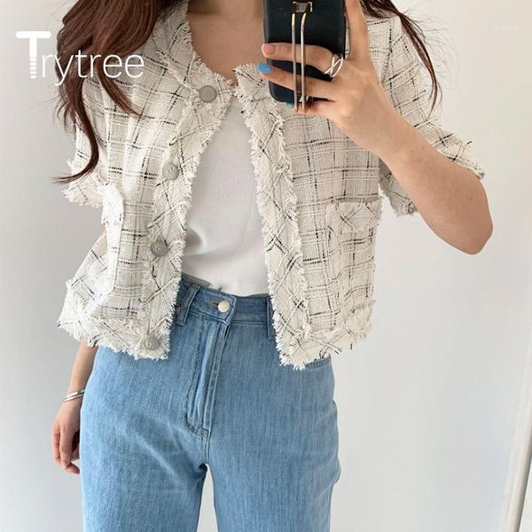 

trytree 2020 summer women casual coat o-neck single breasted 2 color plaid fashion loose vintage all-purpose style coat 1, Black;brown