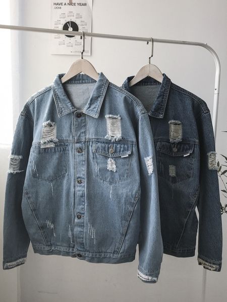 

2021 the new men of cotton light blue wear blazers, jean holes, men's jackets streetwear casual jackets. 0zty, Black;brown