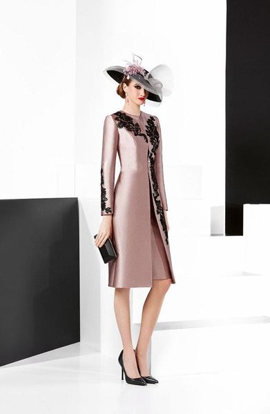

classy sheath lace appliqued mother of the bride dresses jewel neck with long sleeves jackets evening gowns knee length wedding guest dress, Black;red