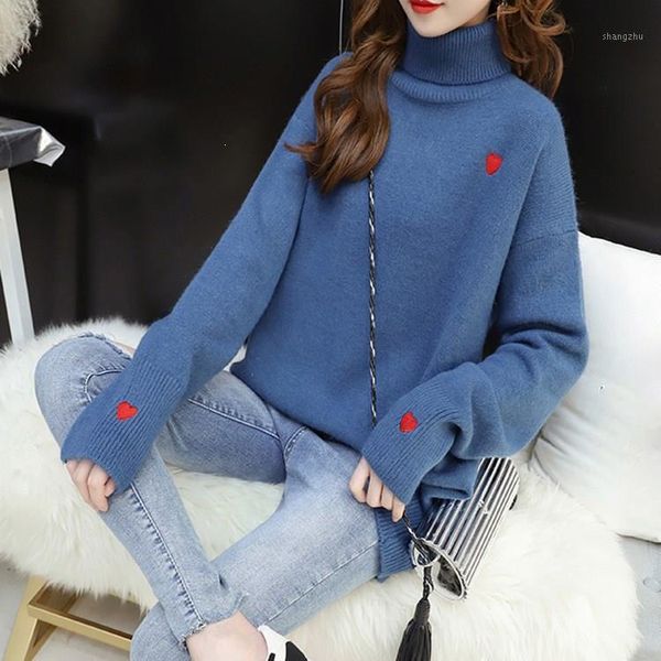 

turtleneck knit sweater sweet women loose cute heart pattern pullovers casual long sleeve sweater pullover1, White;black
