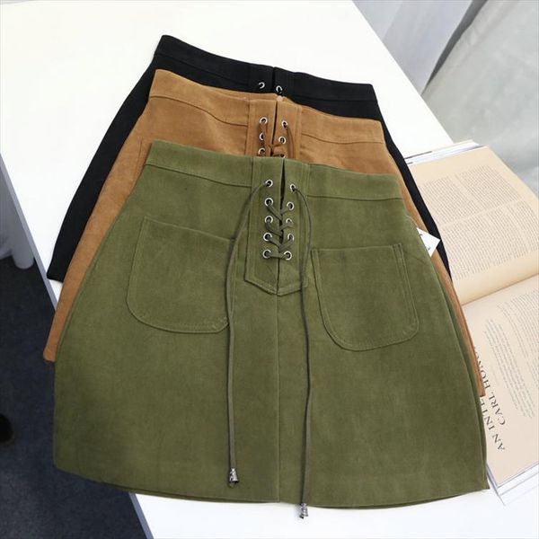 

yovamoo khaki замшевая кожа корейский юбка 2021 двойной карманный карман линия короткая повязка на шнурок оптом юбки женские одежды, Black