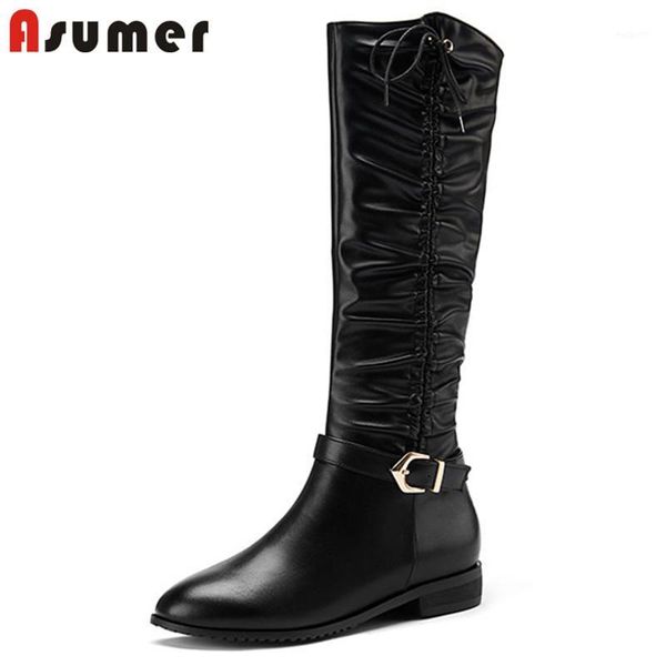 

asumer 2020 new arrival knee high boots women round toe zip buckle autumn winter boots pleated classic low heels shoes woman1, Black