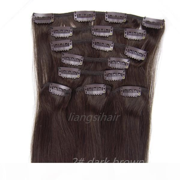 

grade 6a factory wholesale brazilian clip in hair extensions 18"-26" 80g 100g 120g 2# dark brown 8pcs peruvian virgin human hair e, Black;brown