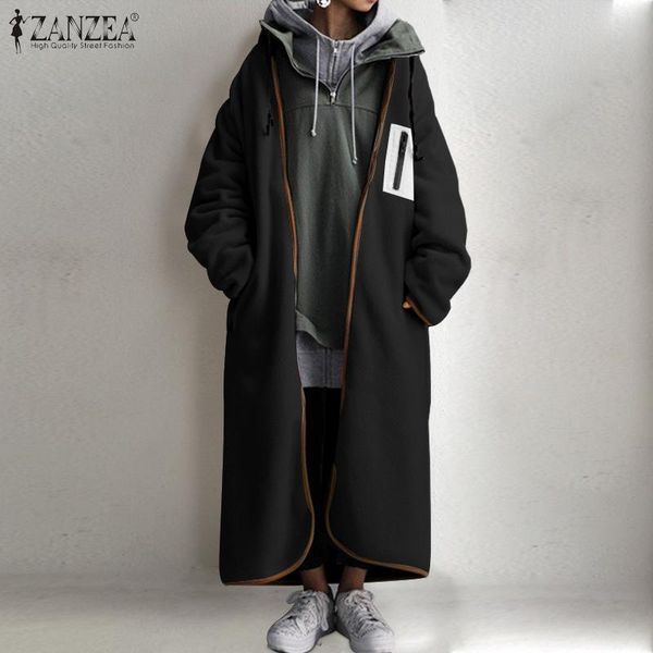 

zanzea 2020 fashion fluffy fleece outwear women's winter long jackets casual long sleeve coats female zip patchwork overcoats, Black;brown