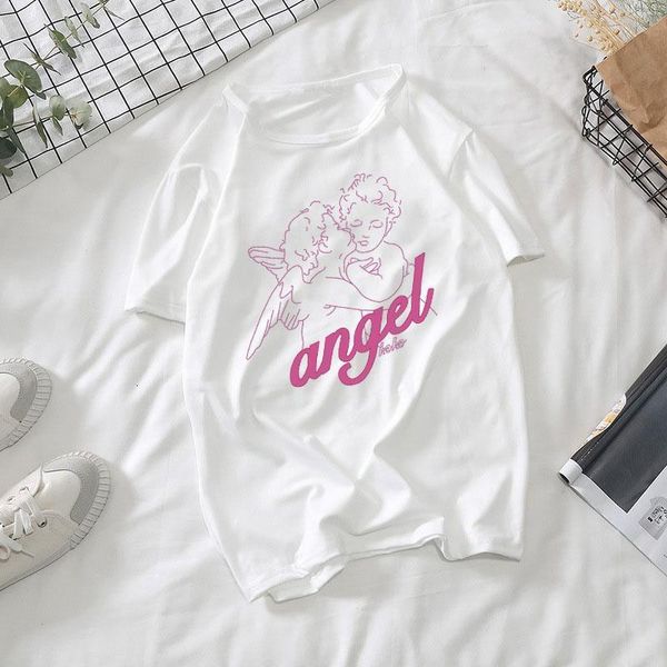 

new fashion kawaii angel printed women amp;tees summer loose oversize streetwear casual clothing pink cute harajuku fun t-shirts, White