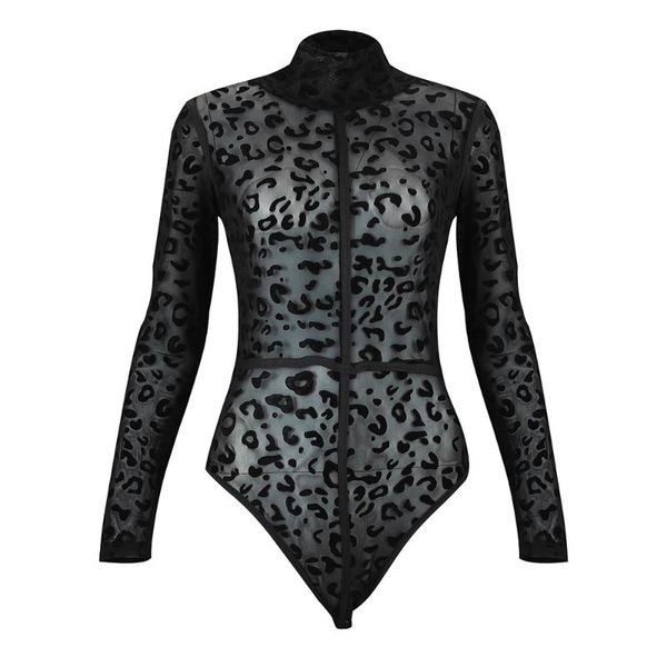 

women's jumpsuits & rompers women black leopard print body slim fitted stretch bodysuit see-through womens turtleneck bodysuits, Black;white