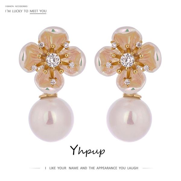 

Yhpup Elegant Flowers Imitation Pearls Dangle Earrings Delicate Cubic Zirconia Plant Earrings Jewelry Gift Bijoux Femme 2021, Silver