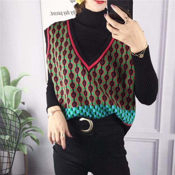 

oneimirry knited plaid vest women waistcoat loose fashion geometric black sweater vest pullover korean clothes autumn 2020 new1, Black;white