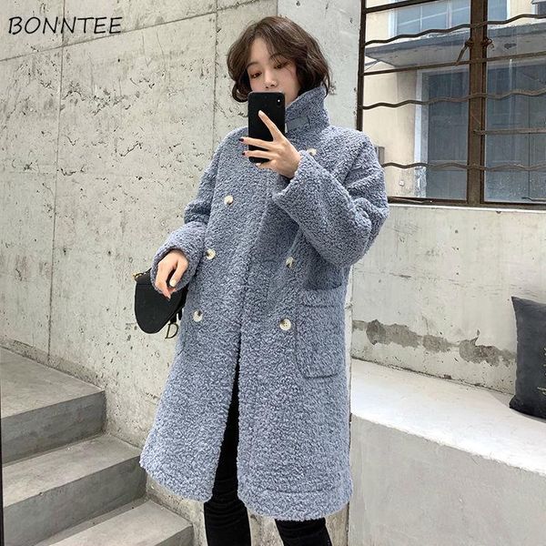 

women wool blends sweet thick double breasted lambswool stand collar fashion korean style all-match chic casual warm new ulzzang, Black