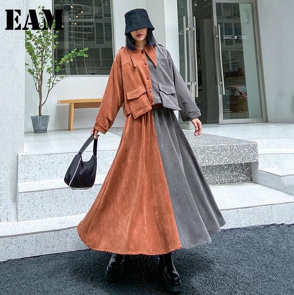 

women's tracksuits [eam] half-body skirt orange big sizetwo pieces suit lapel long sleeve loose women fashion tide spring autumn 2021 1, Gray