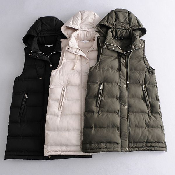 

casual female loose fall winter fashion sleeveless ladies pocket parka warm hoodie long vest br7m, Black