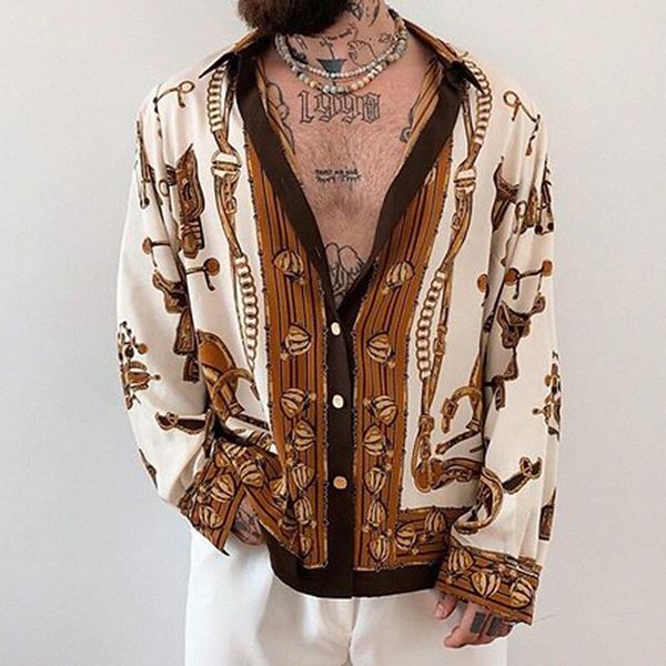 

men's shirt vintage turndown street casual button-down print long sleeve casual fashion vintage breathable brown q86n#, White;black