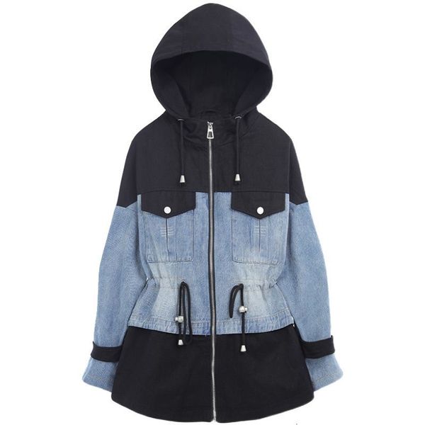 

2020 autumn and winter women's windbreaker denim coat mid-length hooded loose large pocket fashion, Tan;black