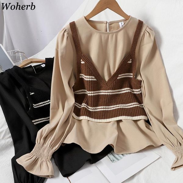 

woherb women blouses korean puff sleeve blouses vintage shirt knitted sweater vest blusas mujer de moda 2020 fall clothes, White