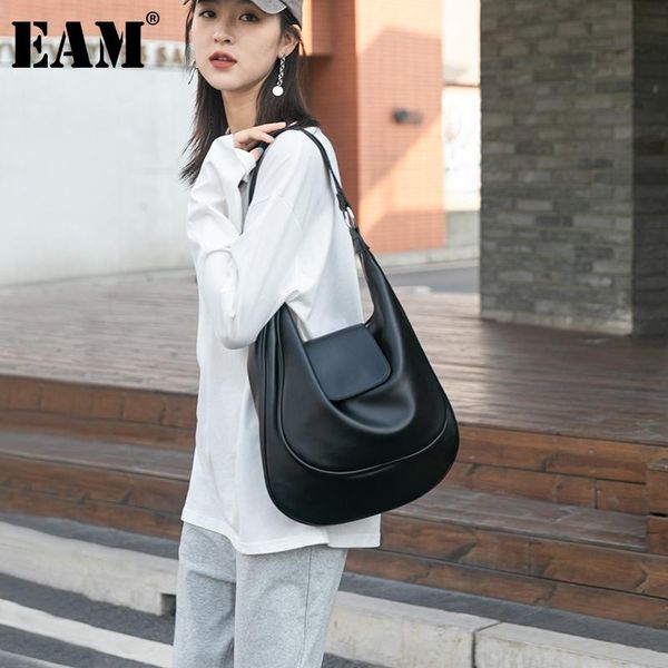 

[eam] women retro zipper black new pu leather flap personality all-match crossbody shoulder bag fashion tide 2021 18a1191