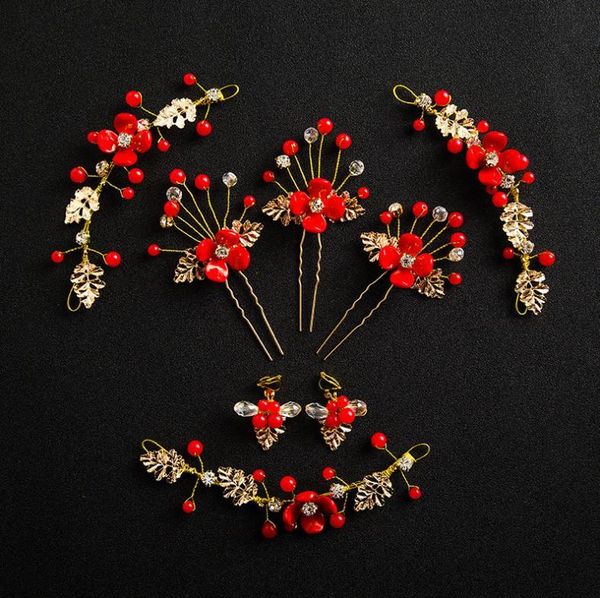 

chinese style traditional bridal headdress gold red women jewelry with earrings bride hairpins wedding hair sticks accessories, Golden;silver