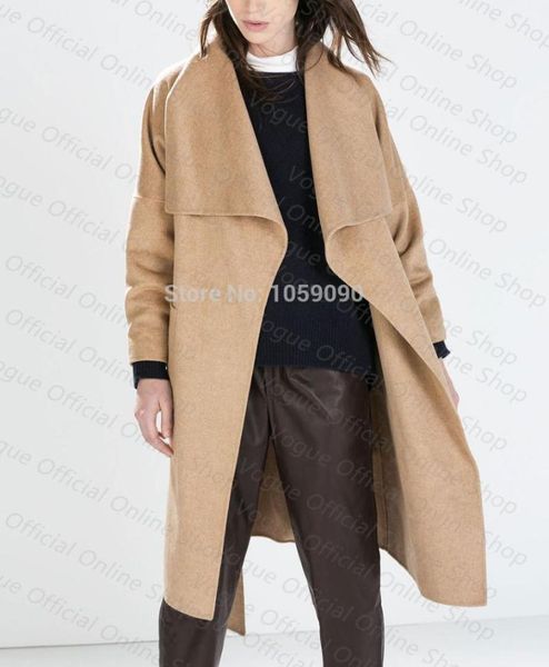 

women's wool & blends blend camel color long trench coat with big pointed lapels drop shoulder belted1, Black