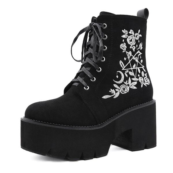 

woman platform boots ankle botas lace up winter shoes womens chunky wedge footwear black leather female punk goth high heels #px0n