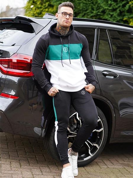 

2020 autumn new style men's sports suits male fitness patchwork hooded pullover casual sweatpants fashion clothing, Gray