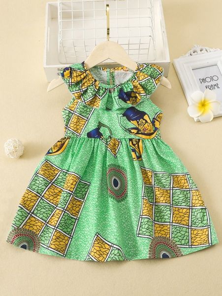 

baby geo print ruffle trim a-line dress she, Red;yellow