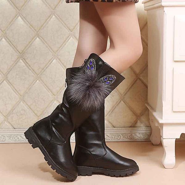 

pu leather long boots for princess girls students flat rhinestone pom designer boots anti-skid rubber sole students winter shoes q1214, Black;grey