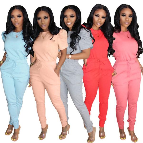 

women tracksuit two pieces short sleeve o neck pockets sashes long pants 2 pieces set outfit casual ladies outdoor wear, Gray