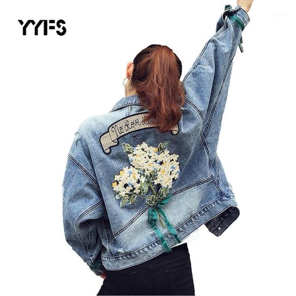 

2020 autumn embroidery denim jeans jacket coat female flower cowboy loose streetwear jackets women chaqueta mujer large sizes1, Black;brown