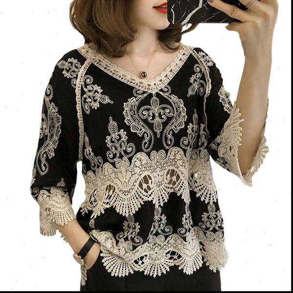 

2020 summer vintage crop women blouses hollow out lace shirts female elegant embroidery blouse for woman top, White