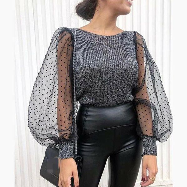 

vogue knitted mesh puff women sweaters long sleeve 3 4 slim pullover jumper female fashion retro knitwear, White;black
