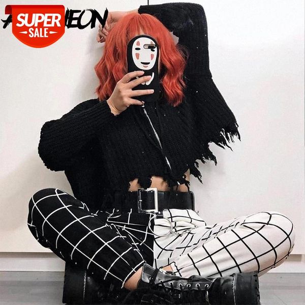 

allneon women's straight pants patchwork plaid long pants fashion female's overalls streetwear trousers harajuku spring 2020 #a44h, Black;white