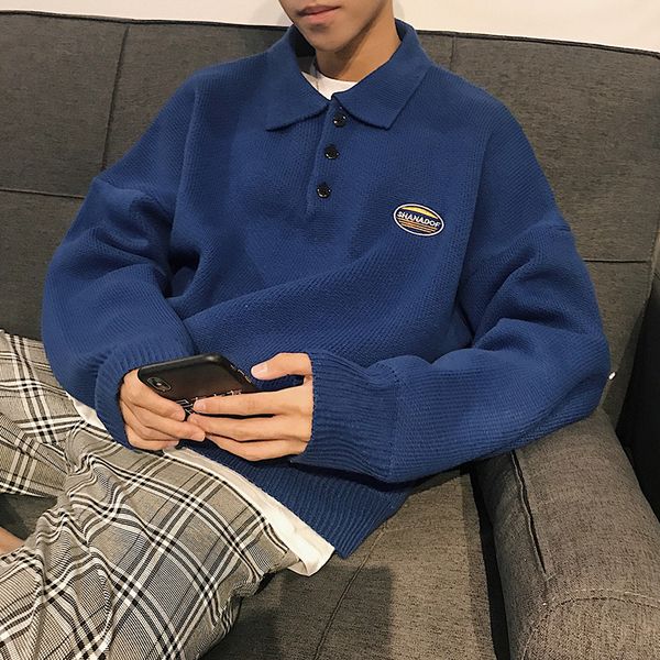 

2020 autumn and winter new japanese youth korean loose turtleneck lapel sweater long sleeve men's casual trend sweater c1222, Black