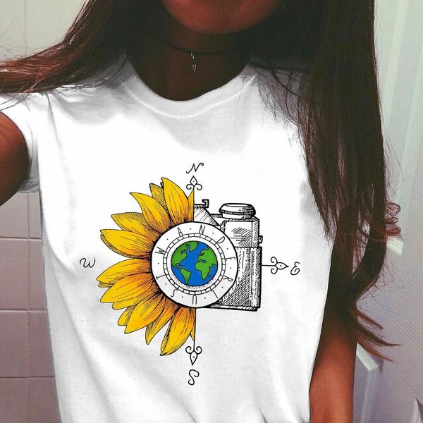 

women graphic t-shirt watercolor female printed vintage world compass camera flower ladies camisas mujer womens t-shirt, White