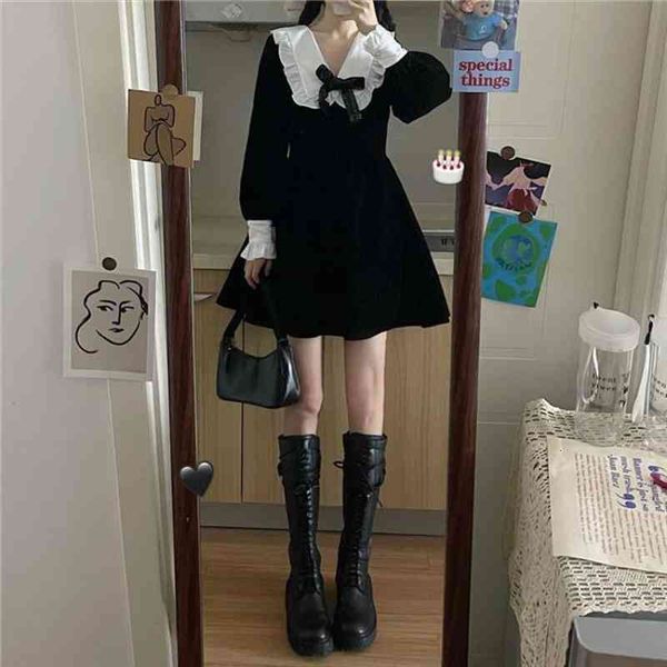 

kawaii bow dress women japanese preppy style long sleeve mini dresses black goth vintage lolita outfits sweet streetwear, Black;gray
