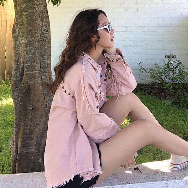 

pink denim jacket studded frayed curved hem casual coat fall lapel single breasted long sleeve large sizes of women's jackets1, Black;brown