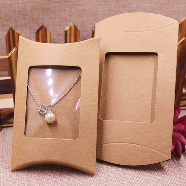 

10pcs box 10 inner card 2018 new diy kraft paper window pillow box necklace jewelry display clear pvc pillow box wmthif
