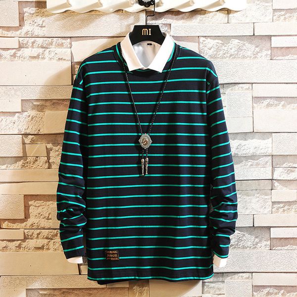 

2021 new autumn spring fashion oversized a striped piece male tshirt long sleeve the neck shirt for man t z7uz, White;black