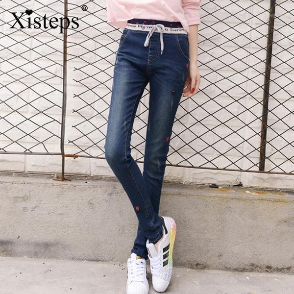 

women's jeans xisteps 2021 women autumn elastic waist slim fit pencil pants female full length denim trousers plus size1, Blue
