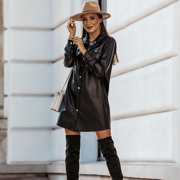 

casual dresses women vintage front pockets staight party dress long sleeve turn down collar solid elegant 2021 autumn, Black;gray